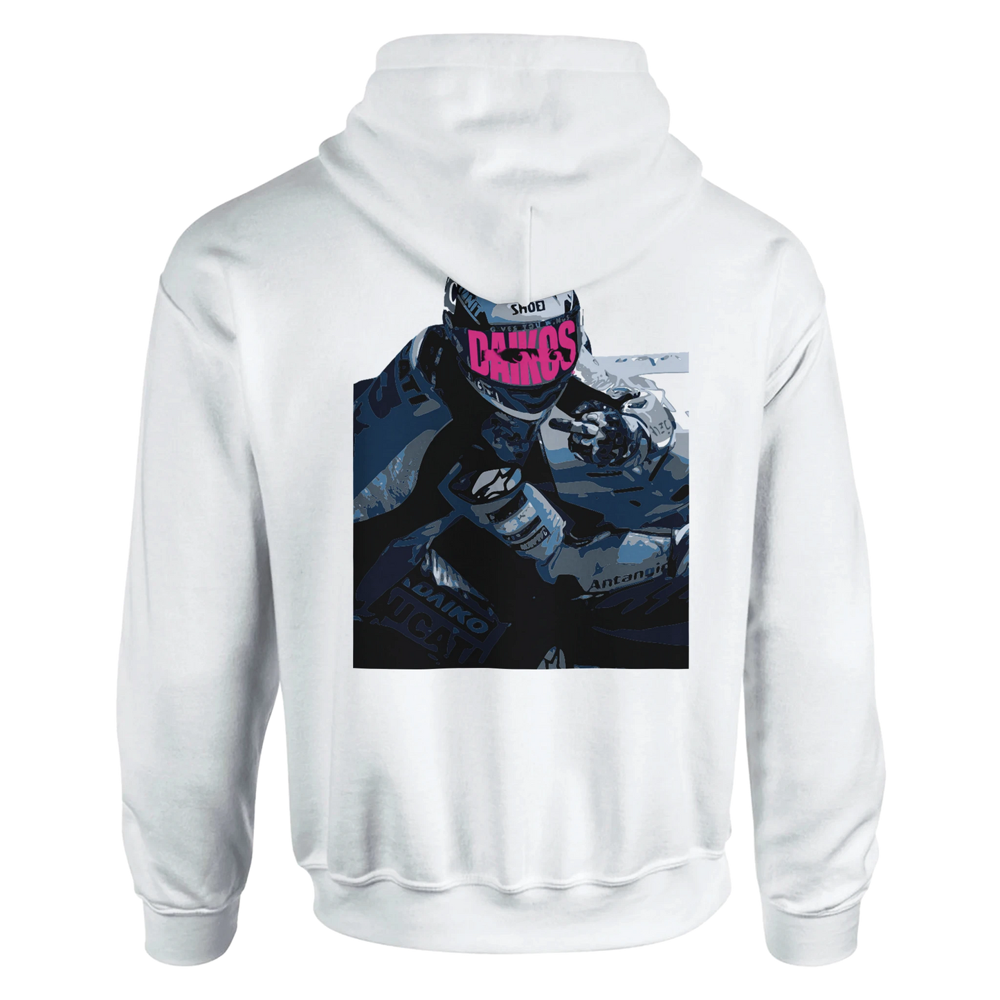 Hoodie DAIKOS GP blanc avec visuel pilote moto et esprit racing