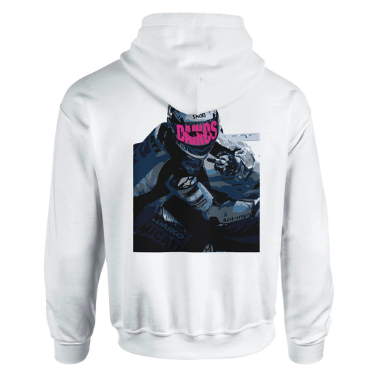 Hoodie DAIKOS GP blanc avec visuel pilote moto et esprit racing