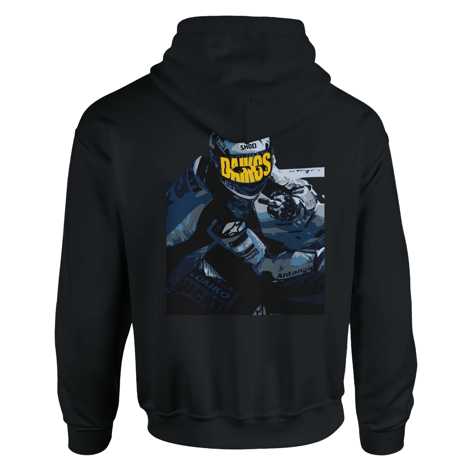 Hoodie DAIKOS GP noir avec visuel pilote moto et esprit racing