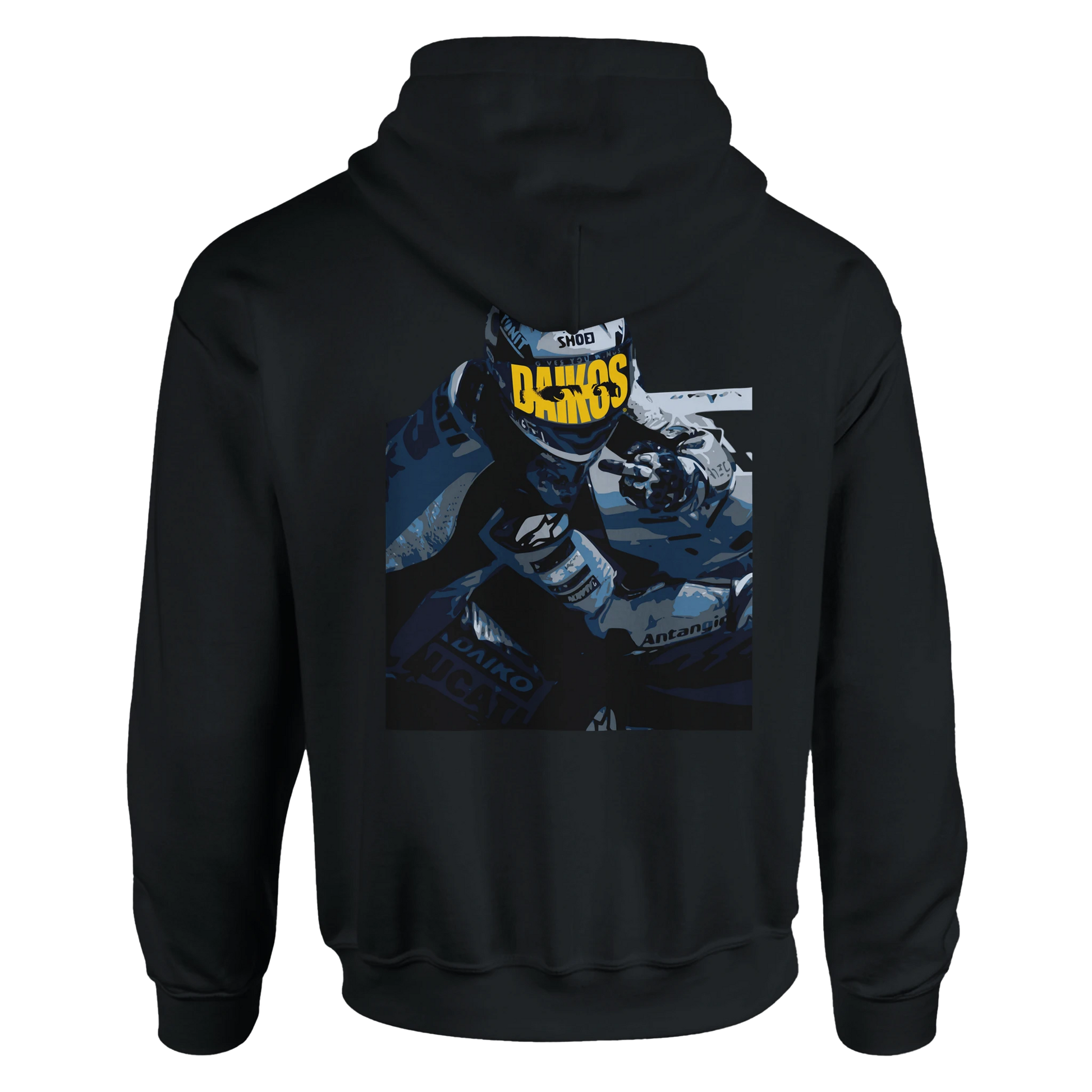 Hoodie DAIKOS GP noir avec visuel pilote moto et esprit racing