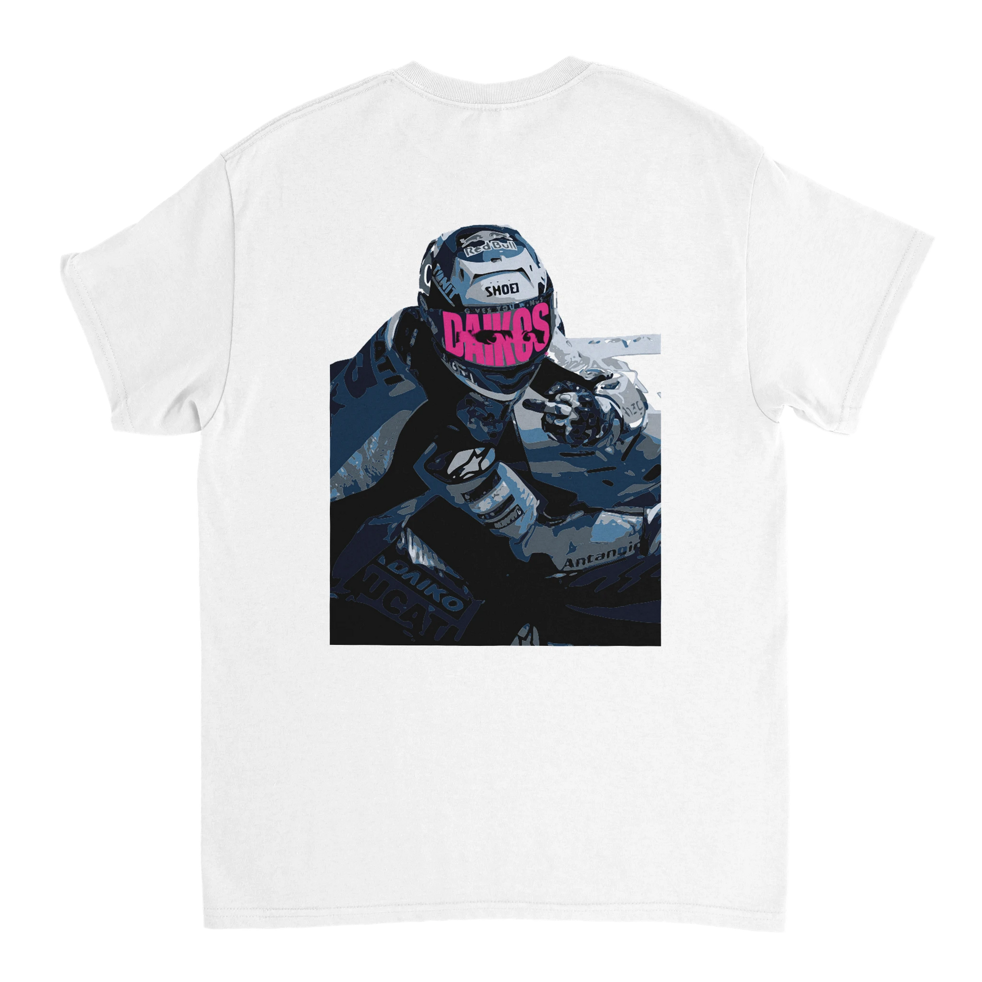 T-shirt DAIKOS GP blanc avec visuel pilote moto et esprit racing