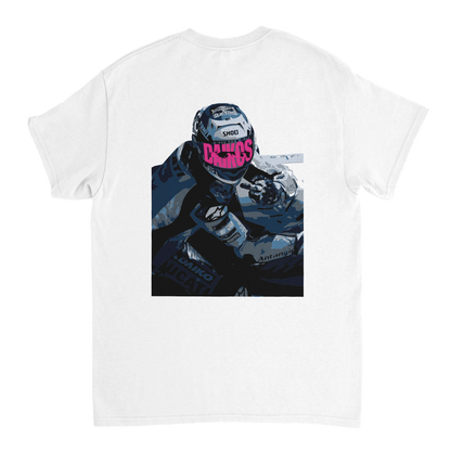 T-shirt DAIKOS GP blanc avec visuel pilote moto et esprit racing
