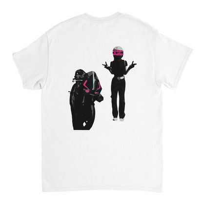 T-shirt DAIKOS Girl blanc avec visuel pilote moto et esprit racing