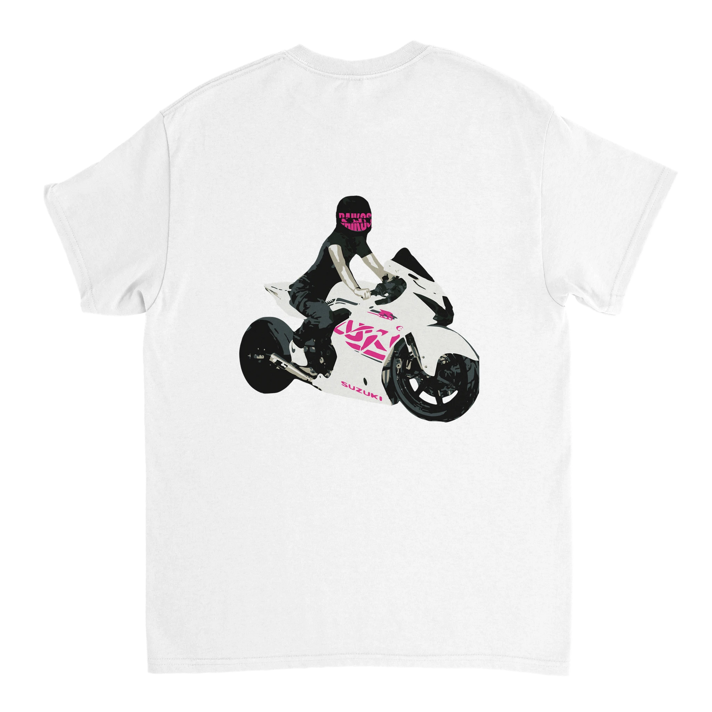T-shirt DAIKOS Gsxr Girl blanc avec visuel pilote moto et esprit racing