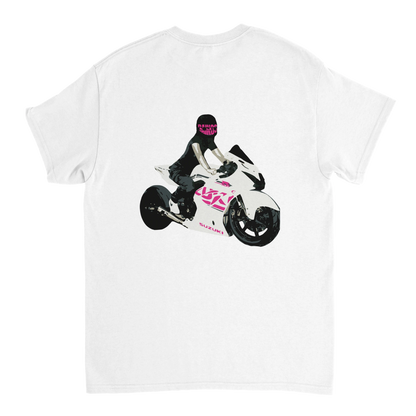 T-shirt DAIKOS Gsxr Girl blanc avec visuel pilote moto et esprit racing