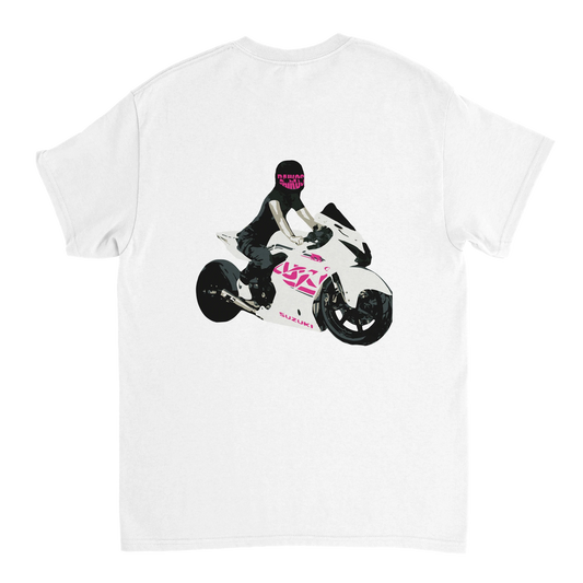 T-shirt DAIKOS Gsxr Girl blanc avec visuel pilote moto et esprit racing