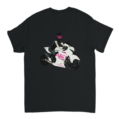 T-shirt DAIKOS Gsxr Girl noir avec visuel pilote moto et esprit racing